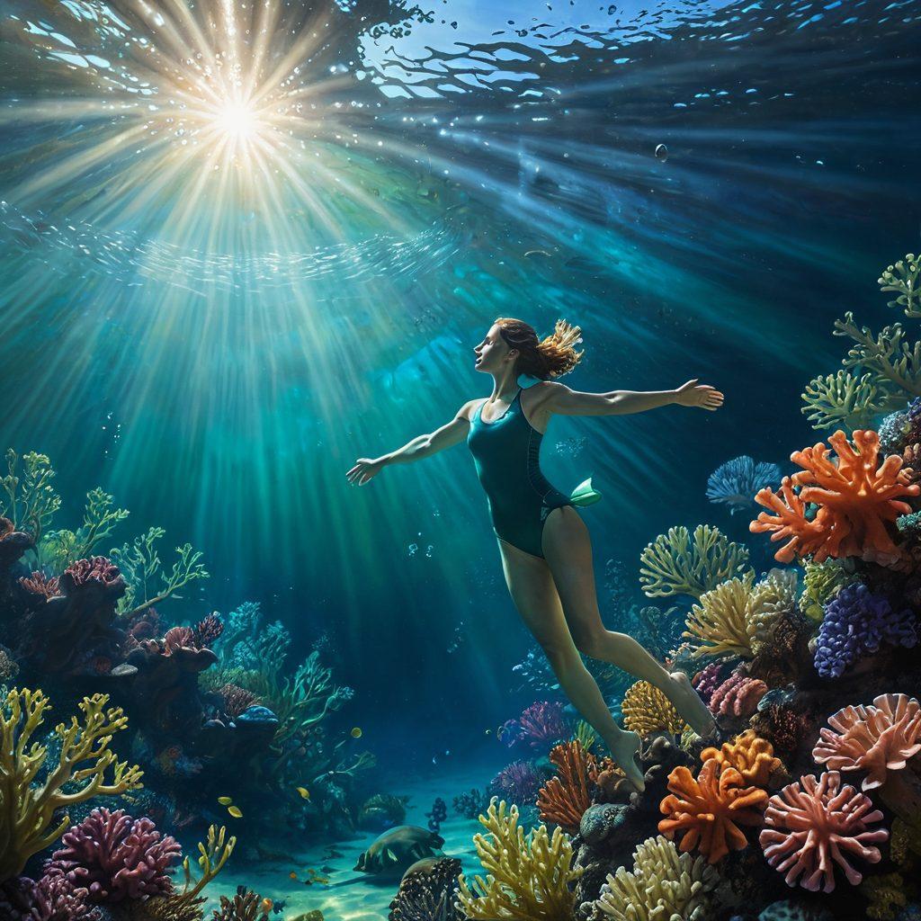 A serene underwater scene depicting a person calmly navigating through deep blues and greens, symbolizing the journey through sorrow. Delicate bubbles rise around them, representing thoughts and emotions, while rays of light break through the surface, symbolizing hope and resilience. A contrasting vibrant coral reef in the foreground adds a touch of warmth and support, creating a sense of balance. super-realistic. vibrant colors. calming ambiance.