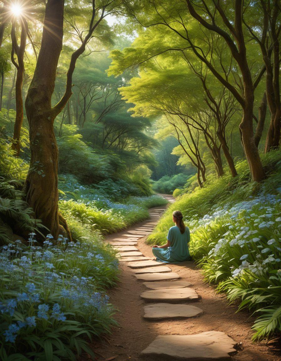 A serene landscape featuring a winding path through a tranquil forest, with soft sunlight filtering through the trees. Along the path are various serene symbols of emotional wellness, such as a meditating figure, gentle streams, and blooming flowers, all evoking a sense of healing and inner peace. The color palette consists of calming blues and greens, with hints of warm earth tones. surrealistic. vibrant colors. soft focus.