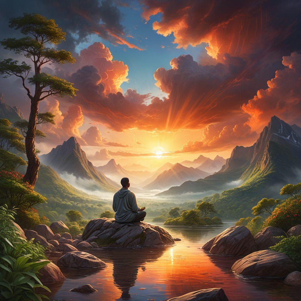 A serene landscape depicting a person meditating atop a mountain, surrounded by flowing streams and lush greenery, symbolizing mindfulness and resilience. The sky transitions from stormy clouds to a radiant sunrise, illustrating the journey from unhappiness to hope. Soft, calming colors dominate the scene, inviting a sense of peace and reflection. This image should evoke tranquility and strength, embodying the essence of overcoming adversity. vibrant colors. super-realistic.